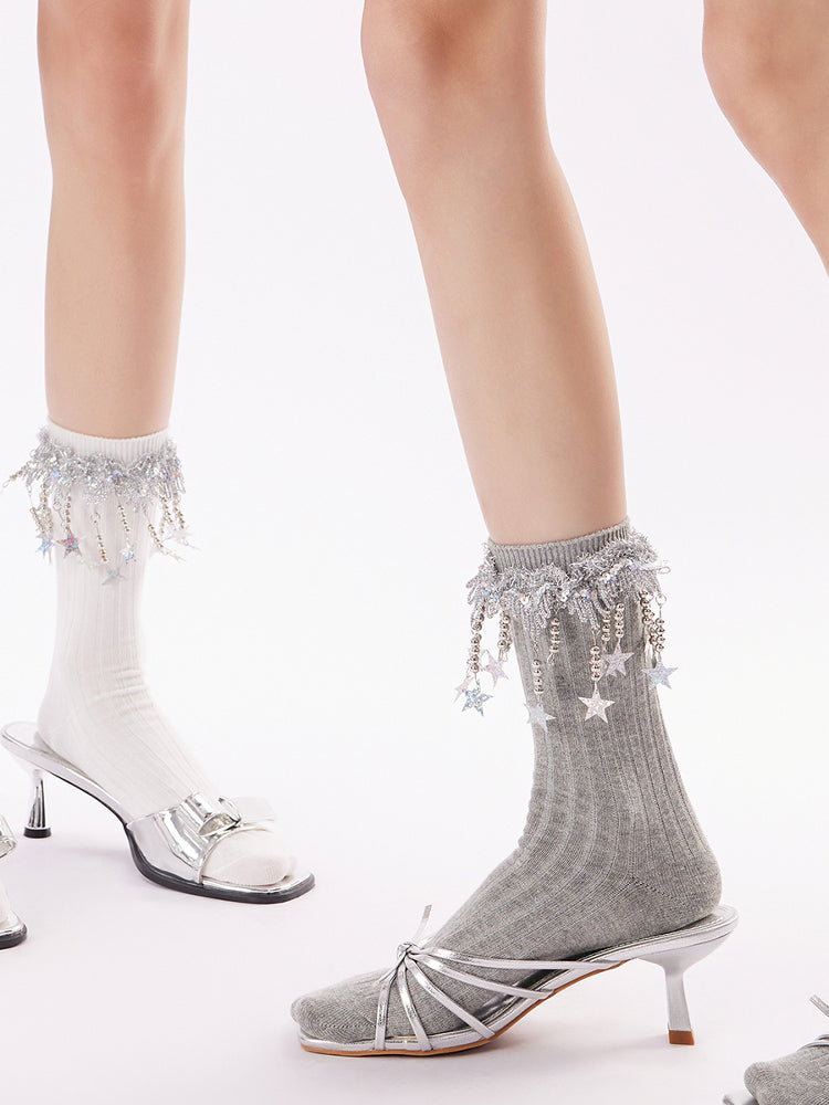 Star Fringe Ribbed Crew Socks