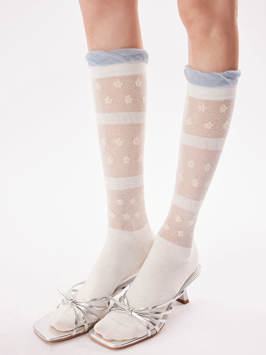 Floral Dot Mesh Panel Knee High Socks