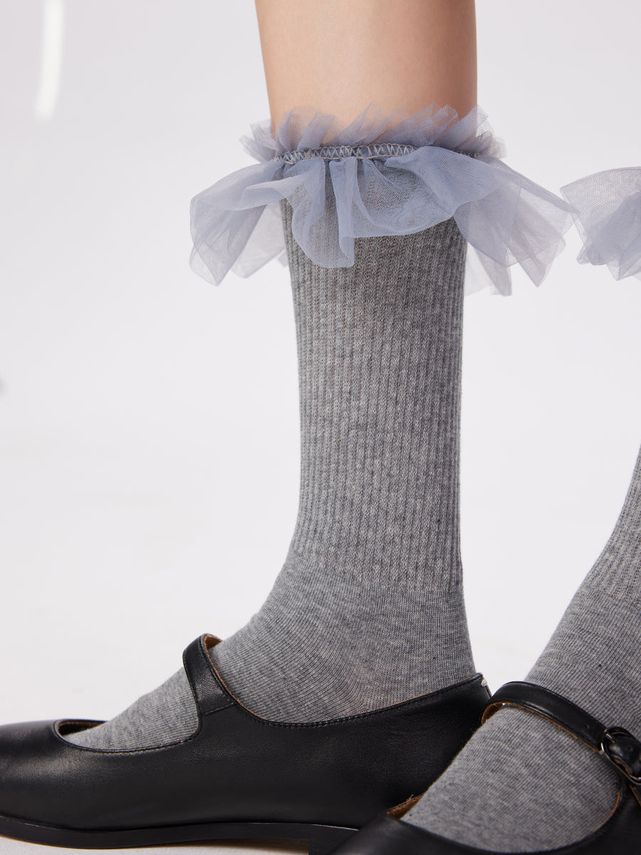 Ruffled Tulle Ribbed Crew Socks