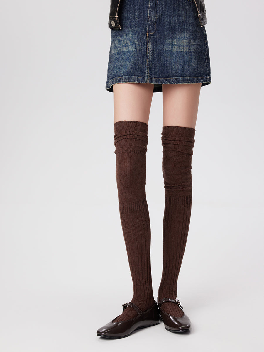 Solid Ribbed Thigh High Socks