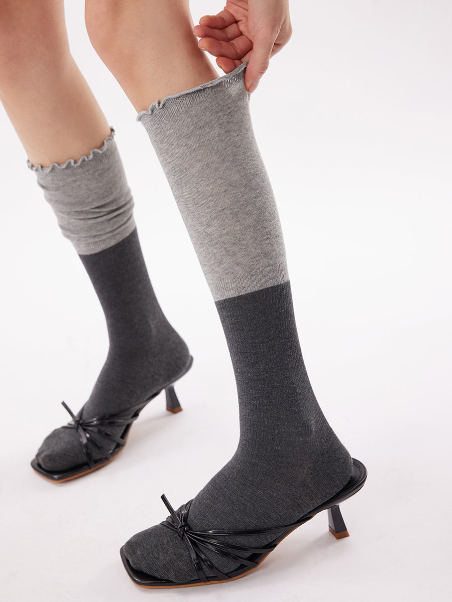 Colorblock Lettuce Trim Knee High Socks