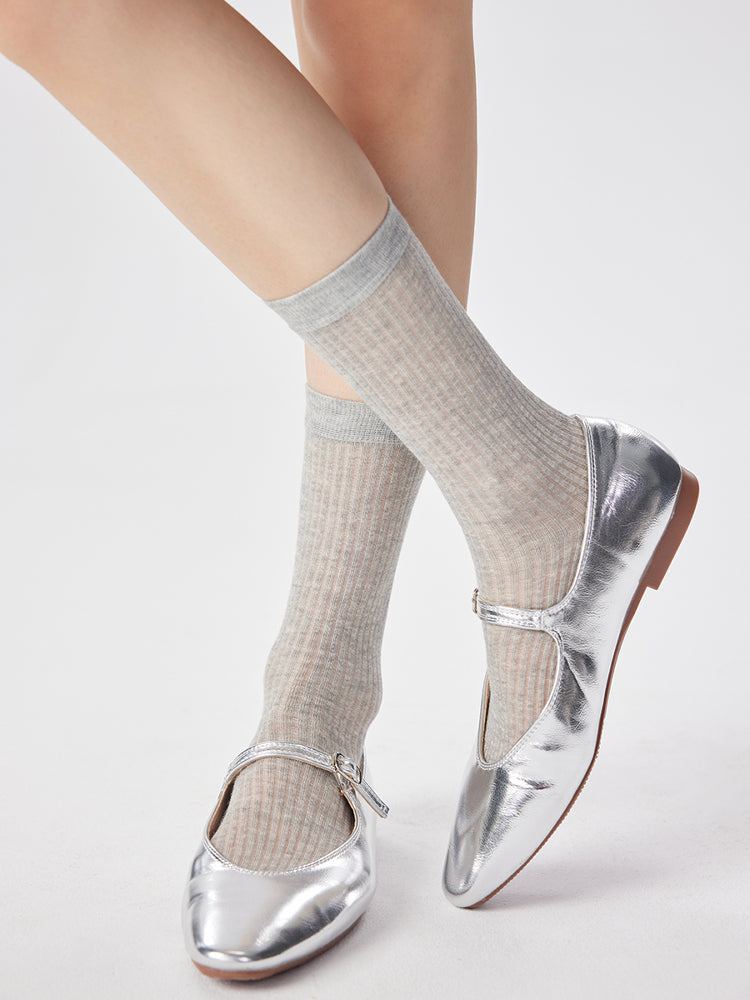 Semi-Sheer Ribbed Crew Socks