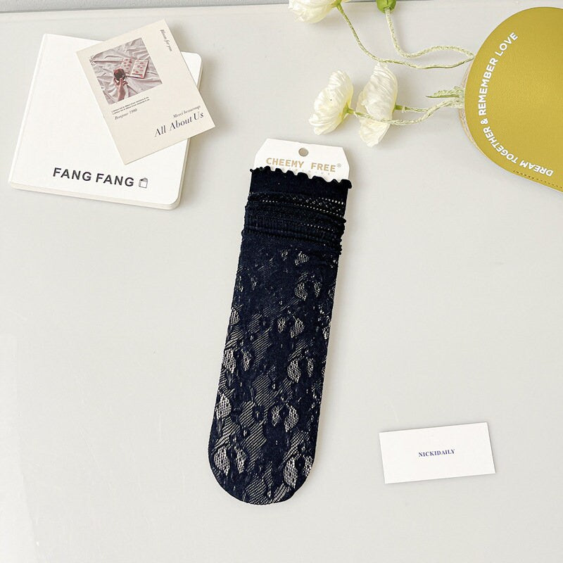 Lace Pointelle Ruffle Quarter Socks For Women