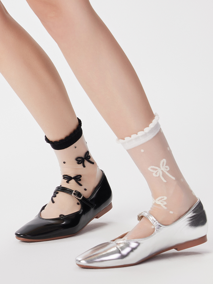 Bow Embroidery Sheer Crew Socks