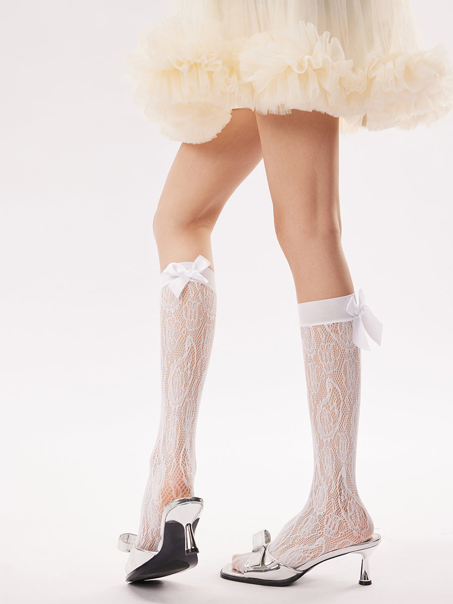 Floral Lace Bow Trim Knee High Socks