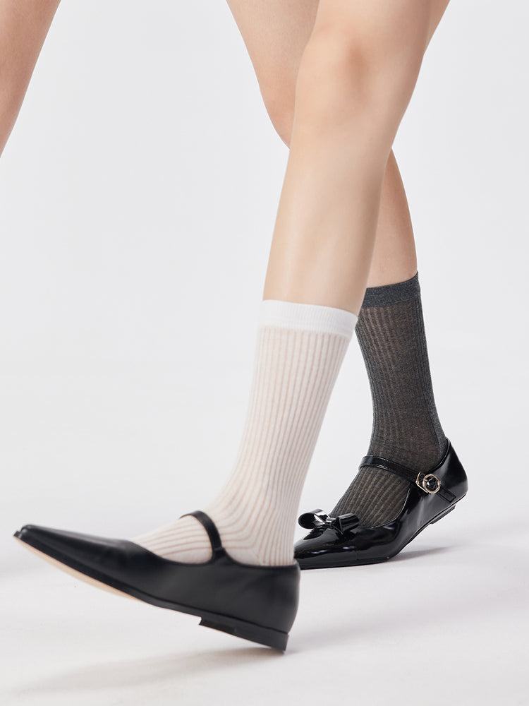 Semi-Sheer Ribbed Crew Socks