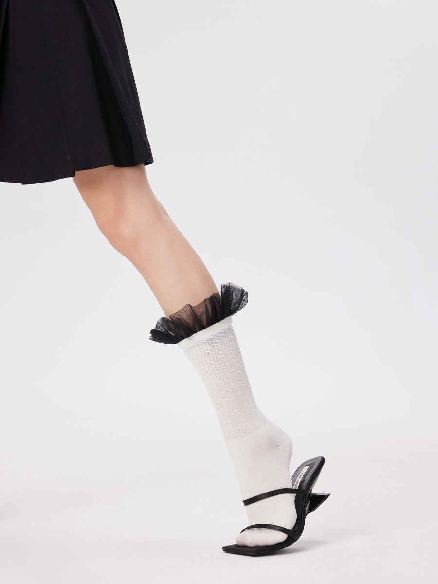 Ruffled Tulle Ribbed Crew Socks