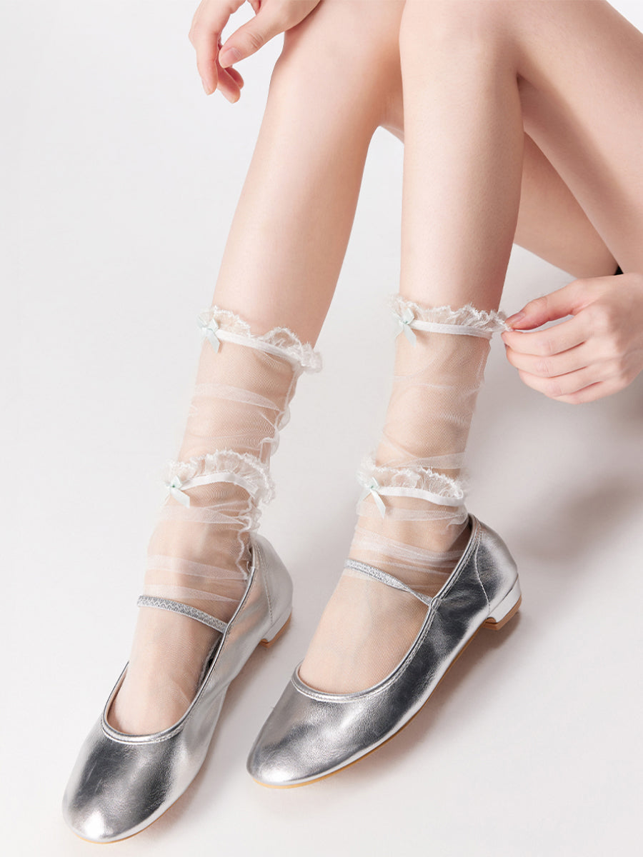 Ruffled Bow Sheer Crew Socks