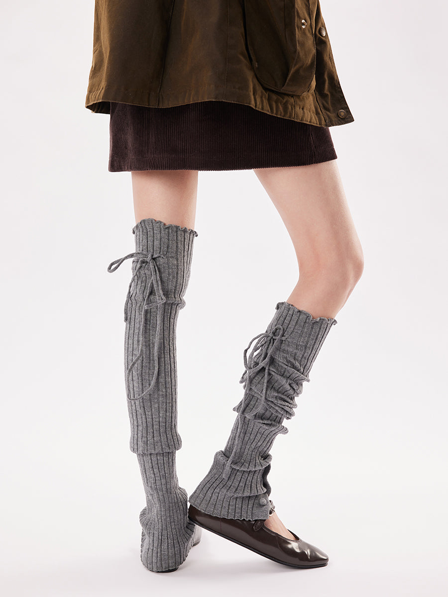 Buttoned Lace-Up Ribbed Leg Warmers