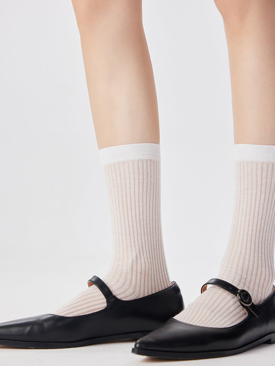 Semi-Sheer Ribbed Crew Socks