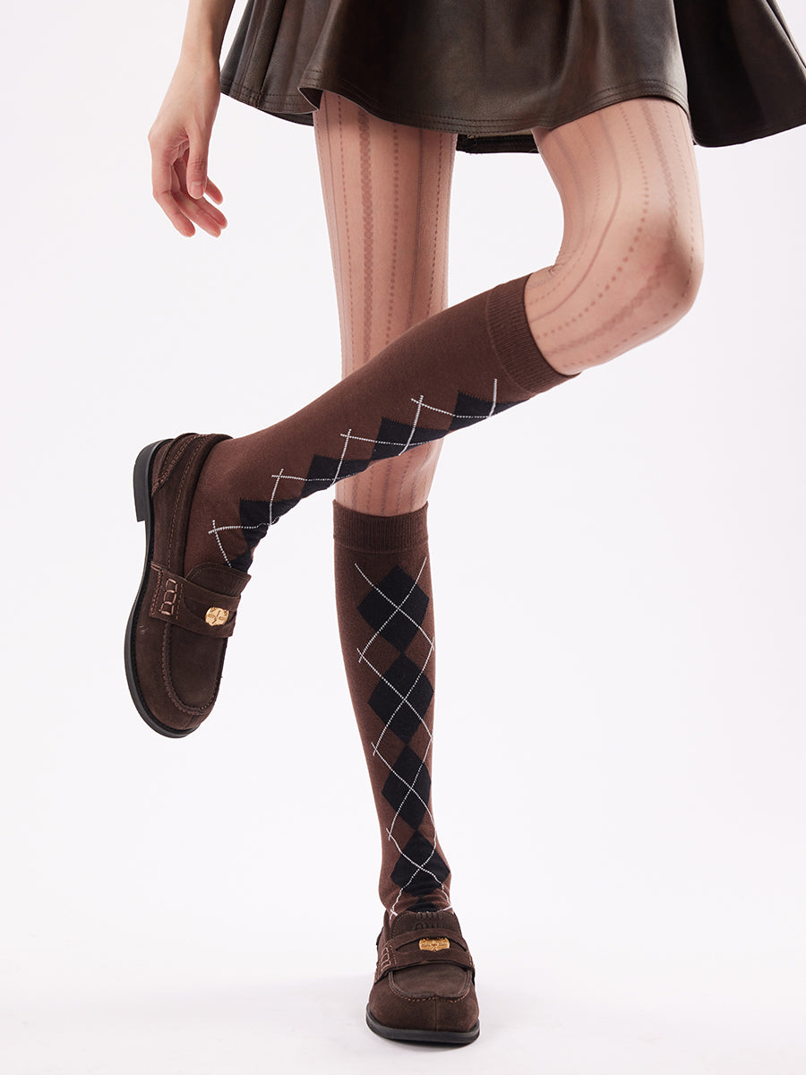 Argyle Pattern Knee High Socks