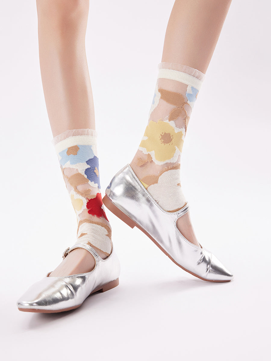 Floral/Polka Dot Sheer Crew Socks