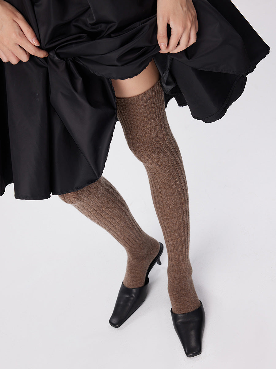 Wool Ribbed Knit Thigh High Socks