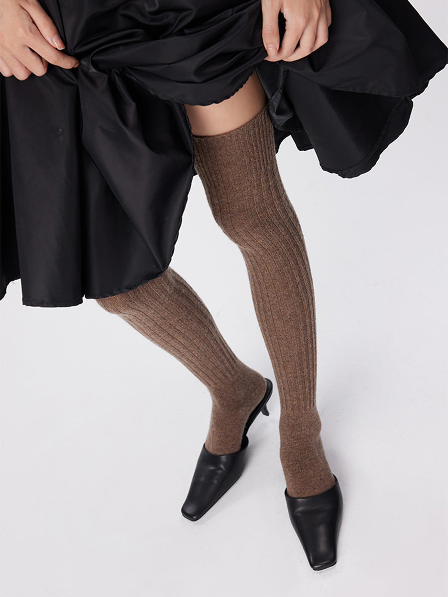Wool Ribbed Knit Thigh High Socks