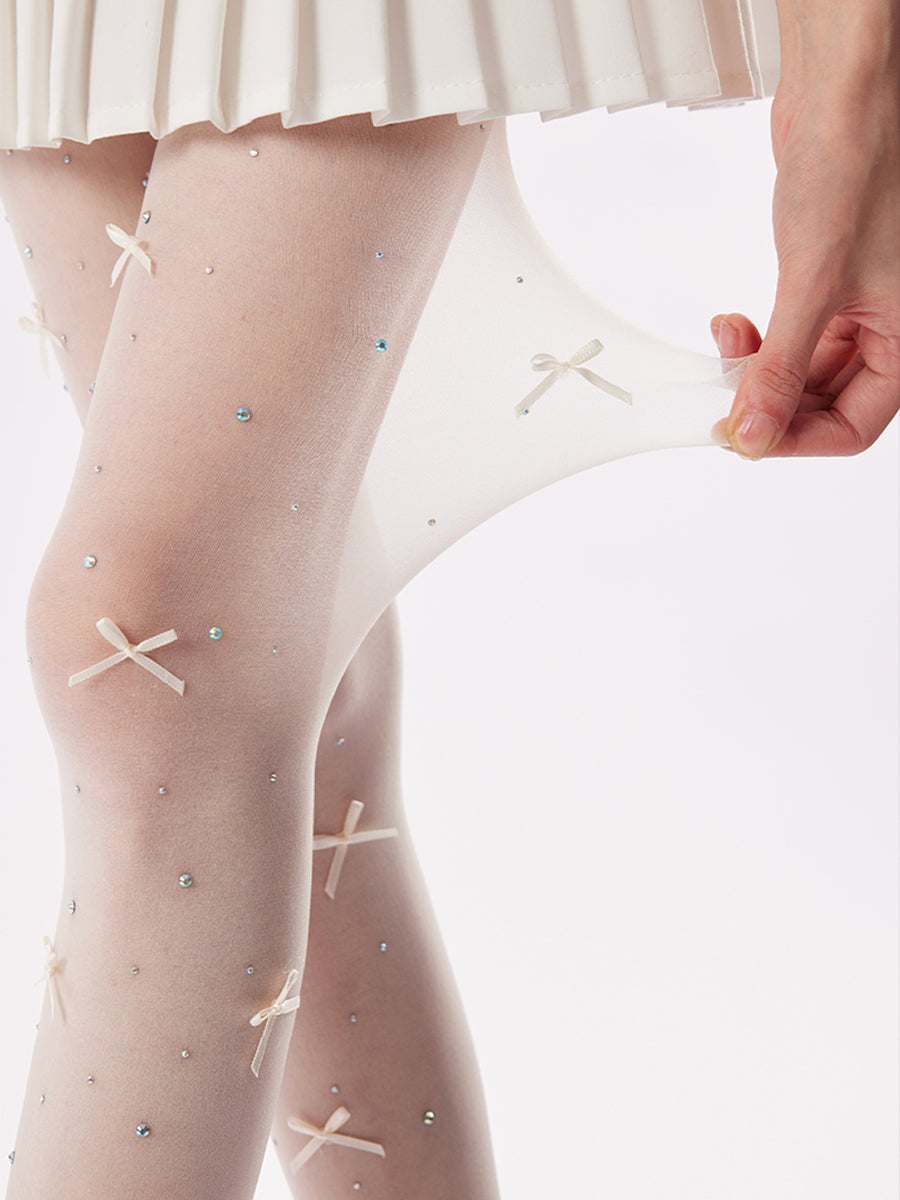 Rhinestone Bow Sheer Tights