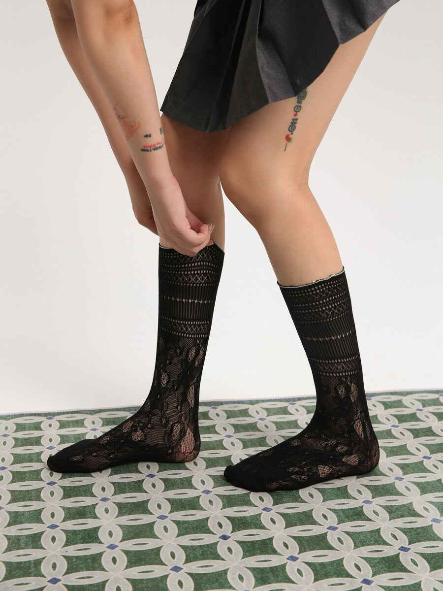 Lace Pointelle Ruffle Crew Socks For Women