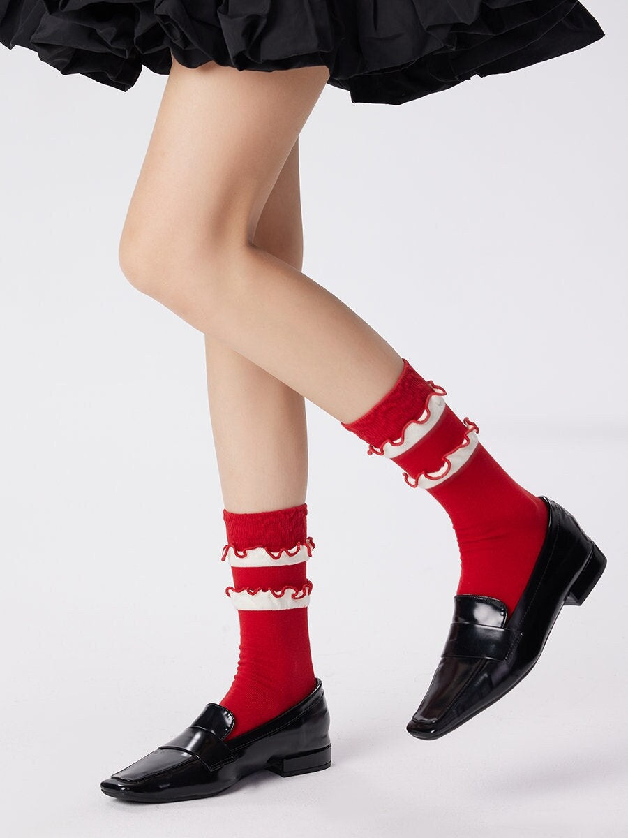 Ruffle Christmas Crew Socks For Women