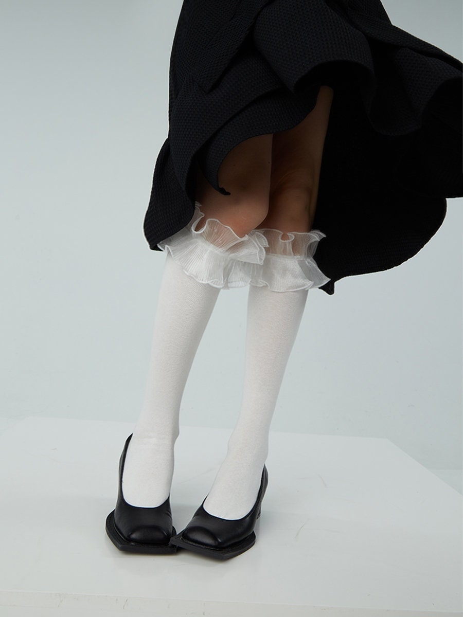 Ruffle Trim Cotton Knee High Socks For Women