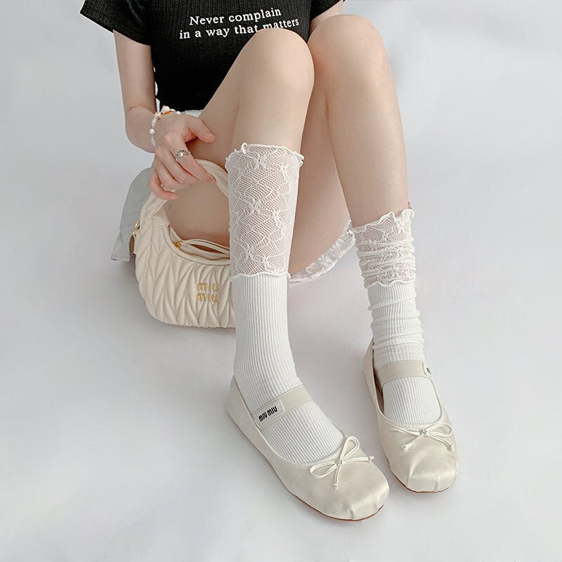 Lace Trim Crew Socks / Knee High Socks For Women