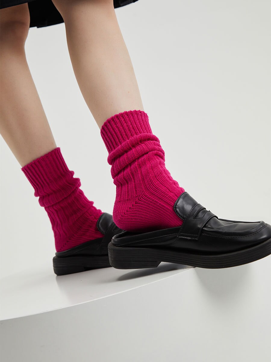 Cherry Red Ribbed Knit Crew Socks