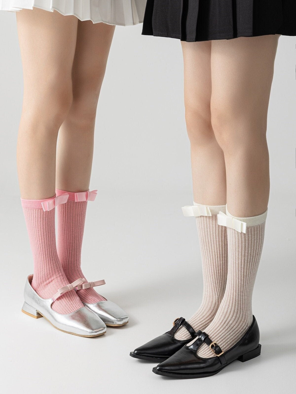 Bow Semi-Sheer Stripe Crew Socks / Calf Socks For Women