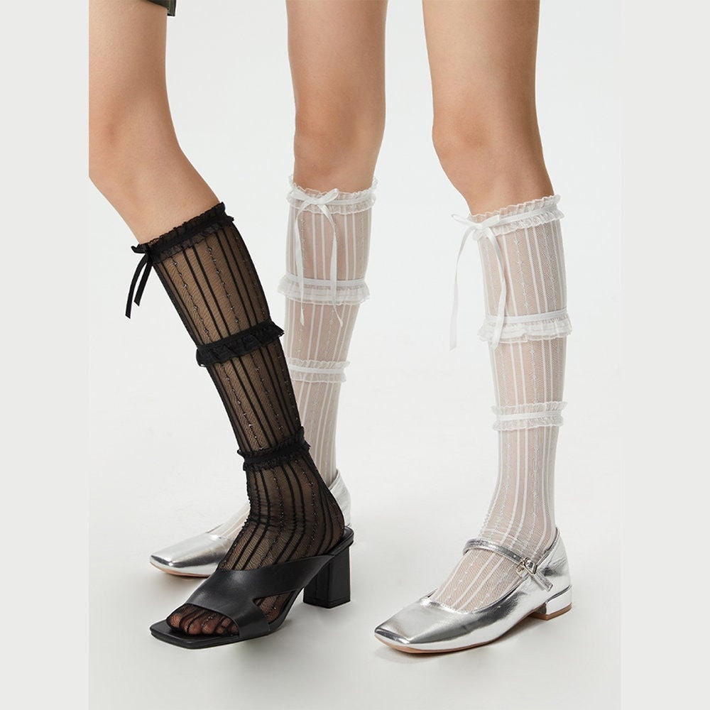 Lace Ribbon Tulle Knee-High Socks For Women