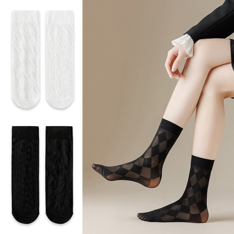 Argyle/Check Semi-Sheer Crew Socks - SH2426