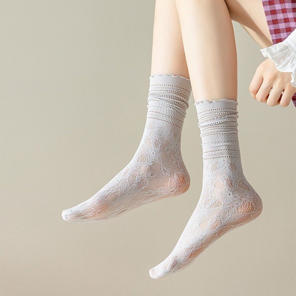 Lace Pointelle Ruffle Quarter Socks For Women