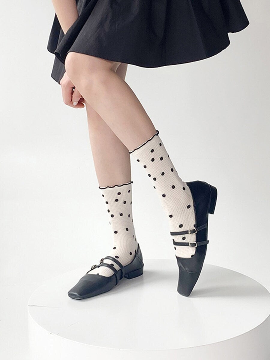 Polka Dot Ruffle Crew Socks For Women