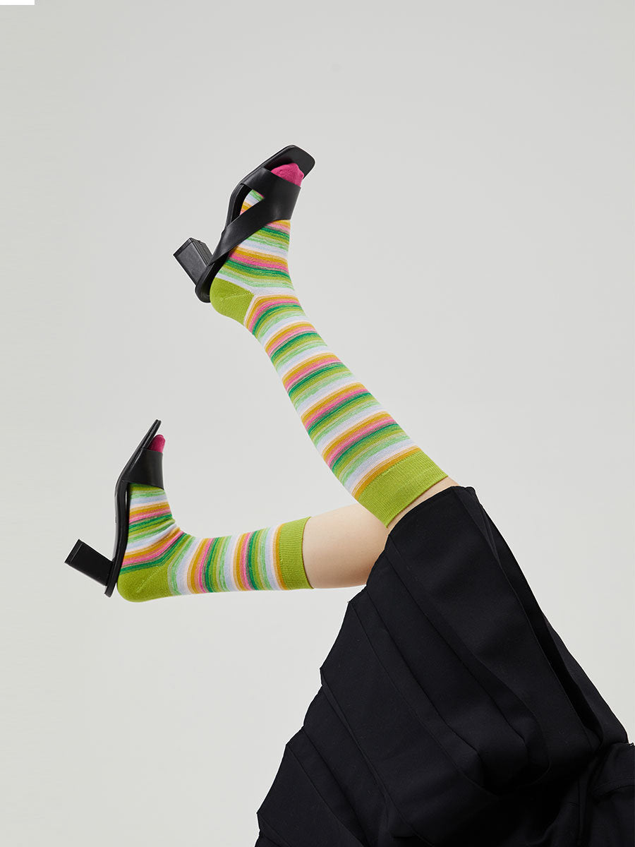 Green Stripe Gradient Knee High Socks / Crew Socks For Women