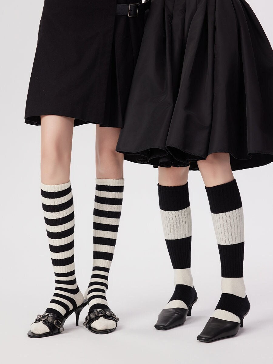 Black & White Striped Color Block Knee High Socks For Women