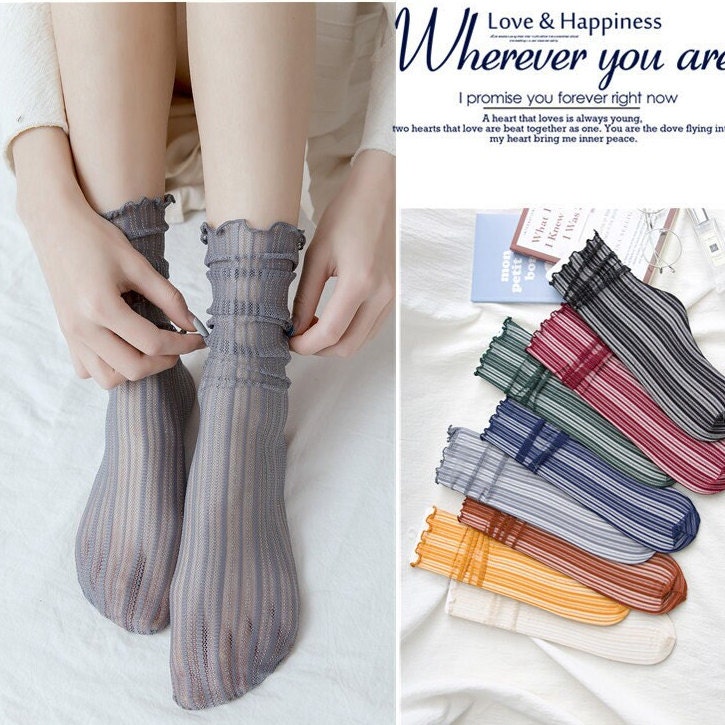 Stripe Ruffle Tulle Crew Socks For Women