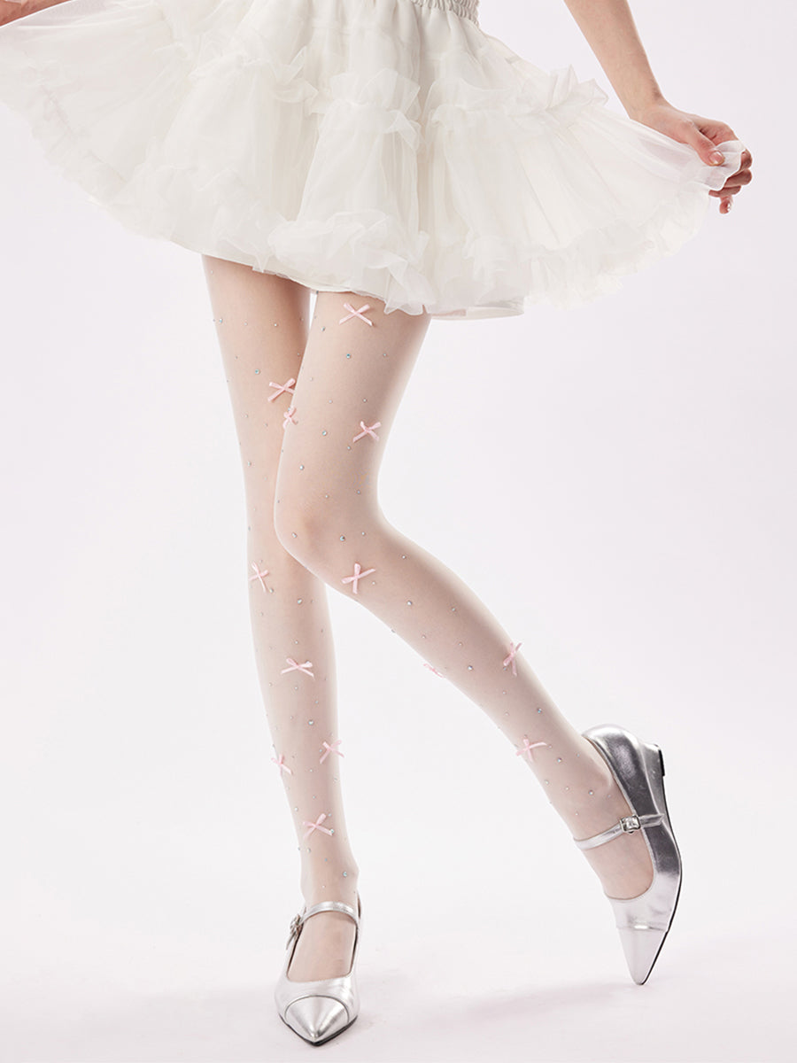 Rhinestone Bow Sheer Tights