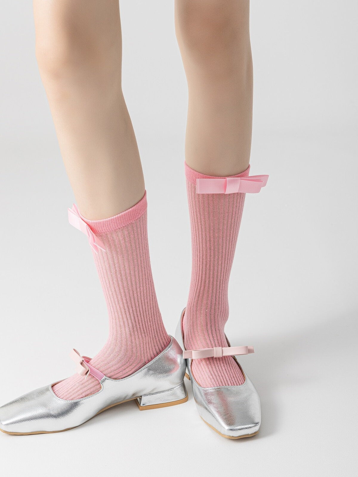 Bow Semi-Sheer Stripe Crew Socks / Calf Socks For Women