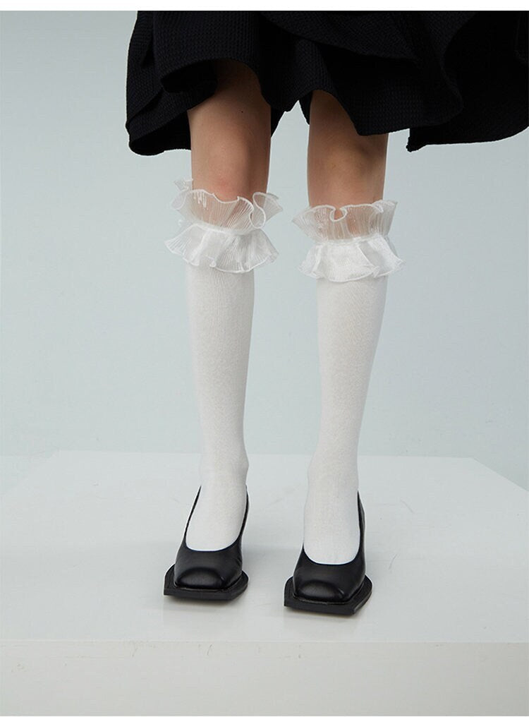 Ruffle Trim Cotton Knee High Socks For Women