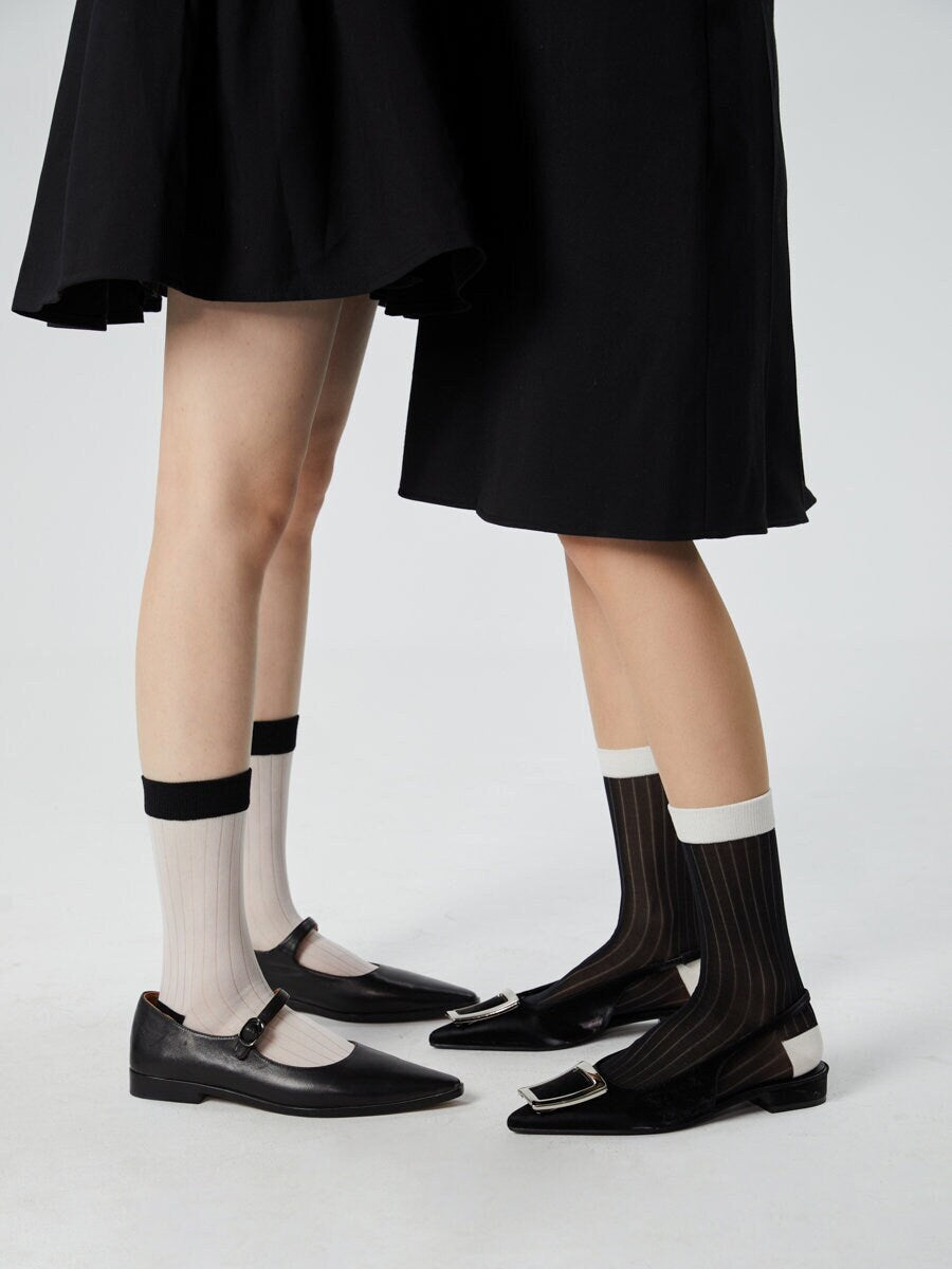 Color Block Semi-Sheer Stripe Crew Socks For Women