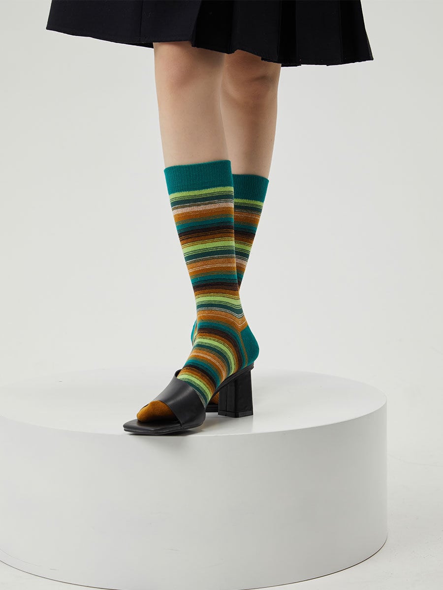 Green Stripe Gradient Knee High Socks / Crew Socks For Women