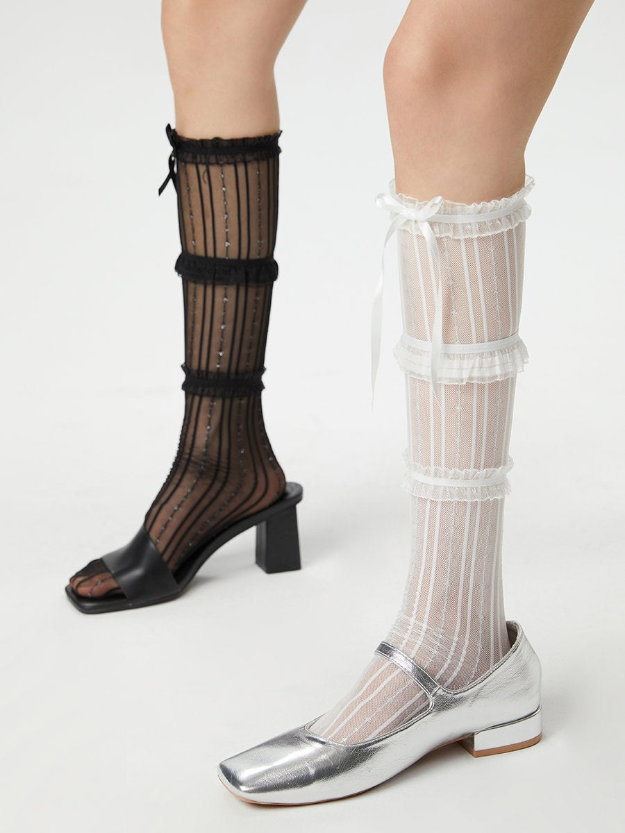 Lace Ribbon Tulle Knee-High Socks For Women