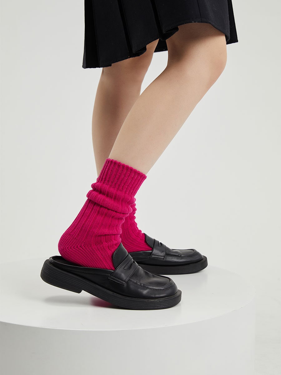 Cherry Red Ribbed Knit Crew Socks