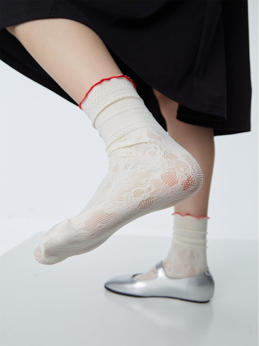 Lace Pointelle Ruffle Crew Socks For Women