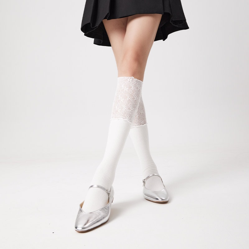 Lace Trim Knee High Socks / Calf Socks For Women