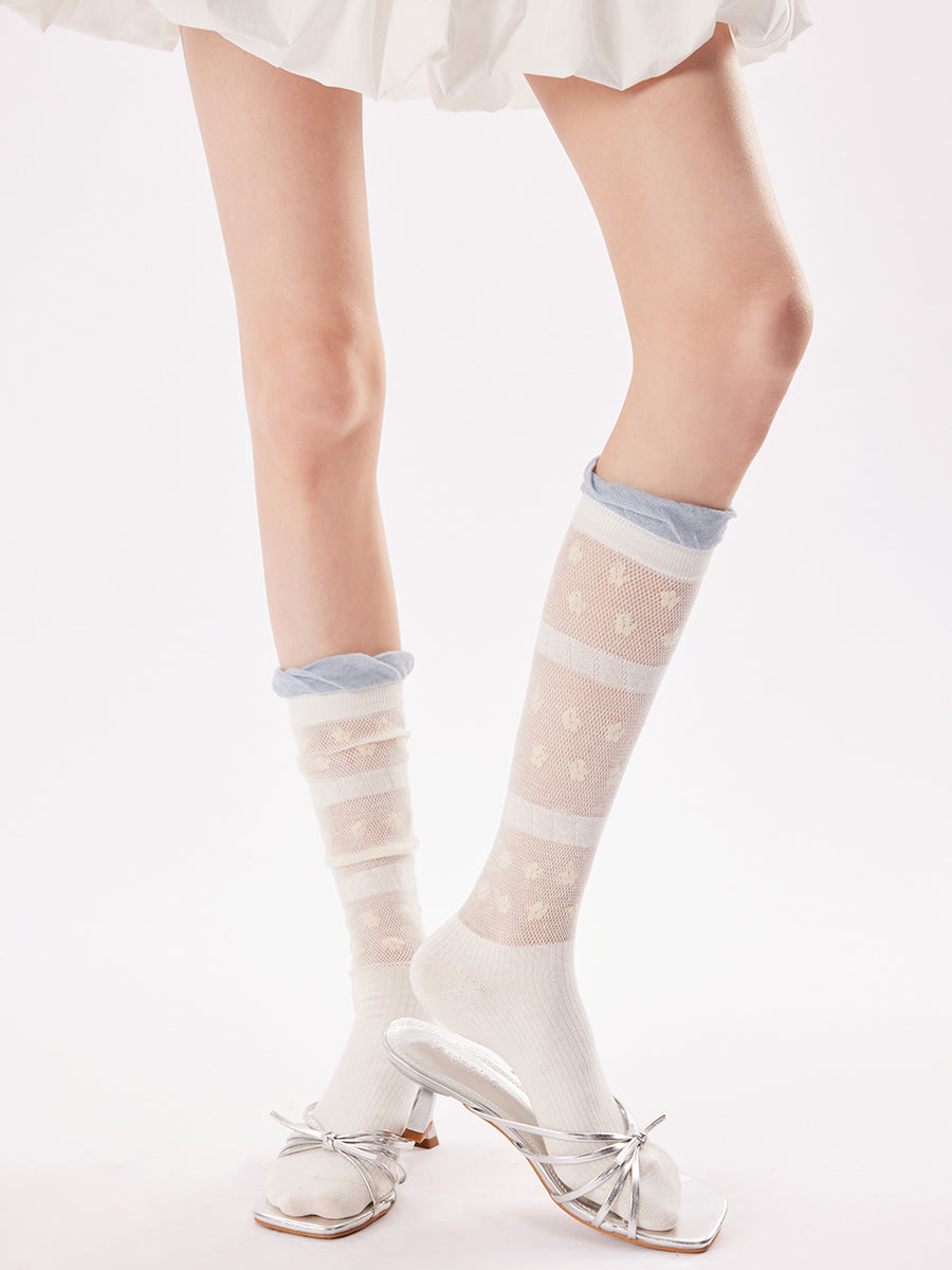 Floral Dot Mesh Panel Knee High Socks