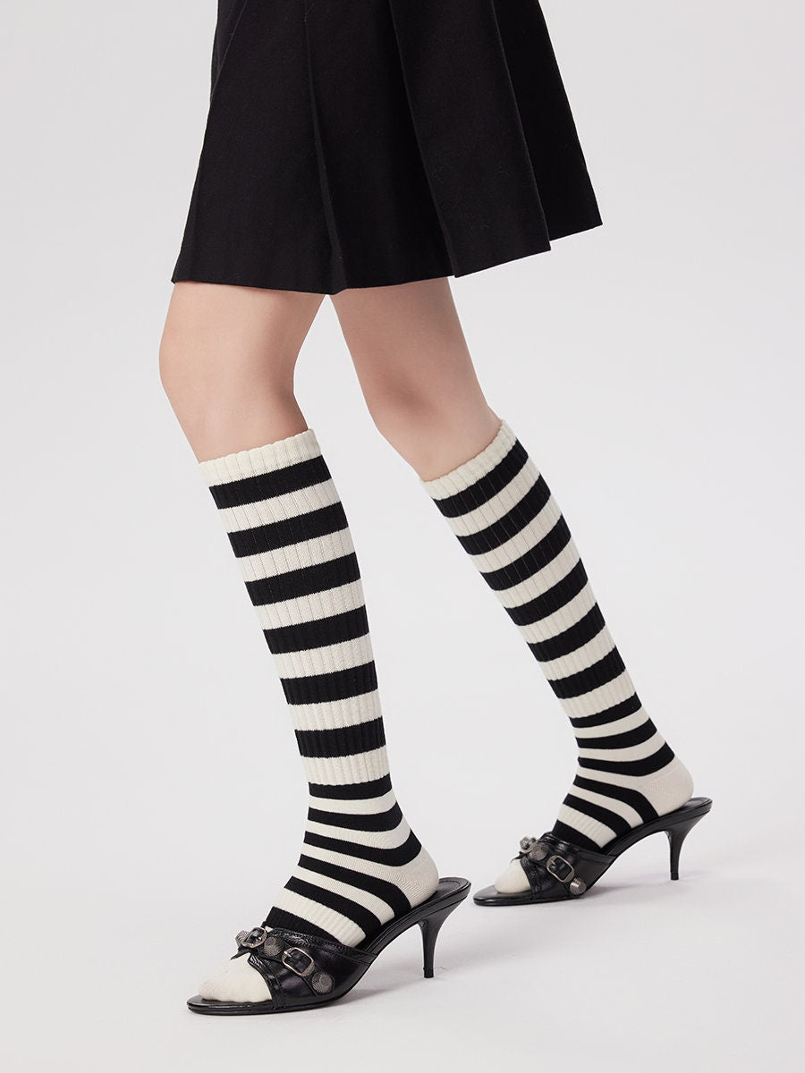 Black & White Striped Color Block Knee High Socks For Women