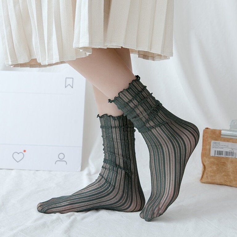 Stripe Ruffle Tulle Crew Socks For Women