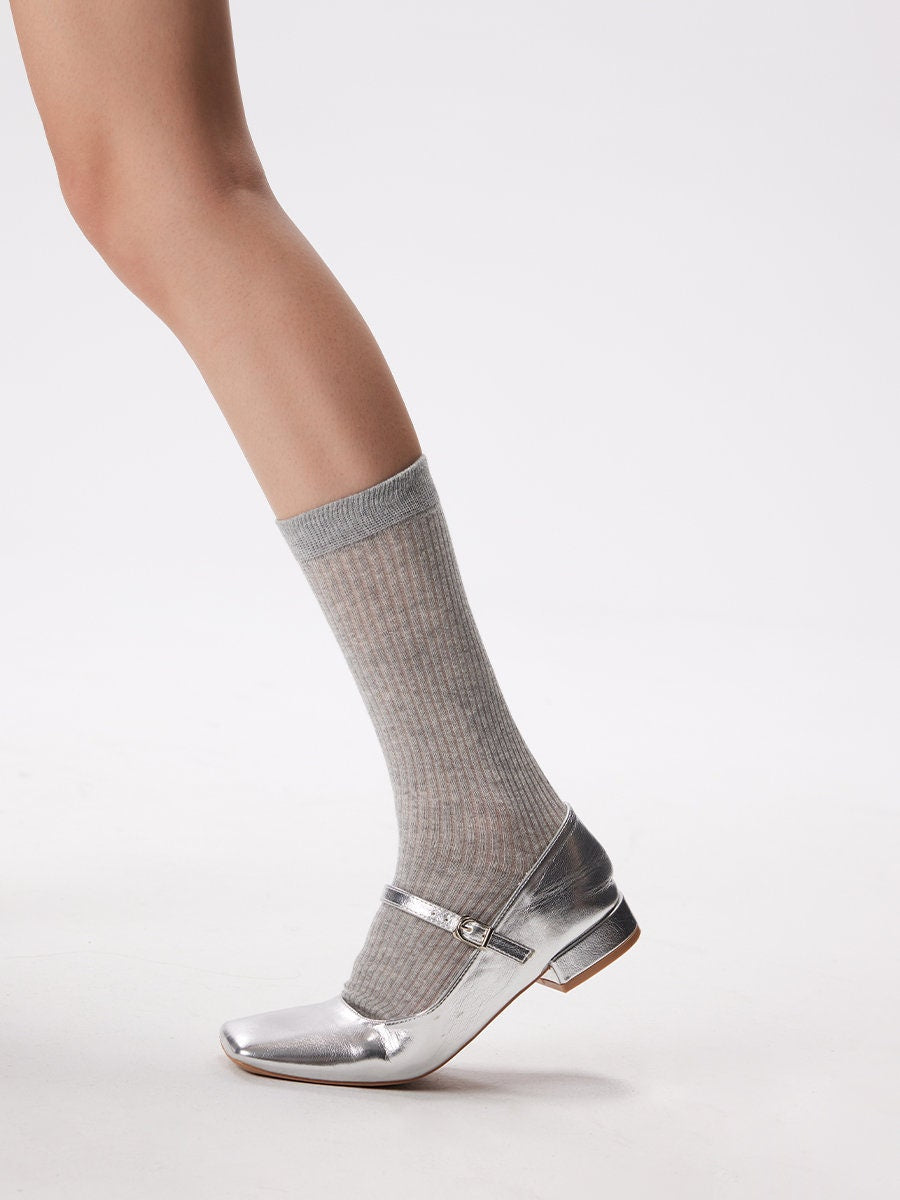 Semi-Sheer Stripe Crew Socks / Calf Socks For Women