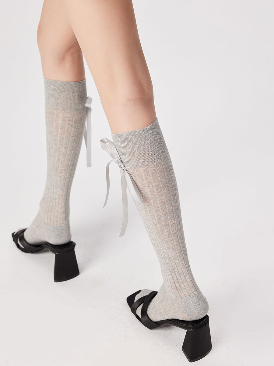 Ribbon Bow Ribbed Knee High Socks