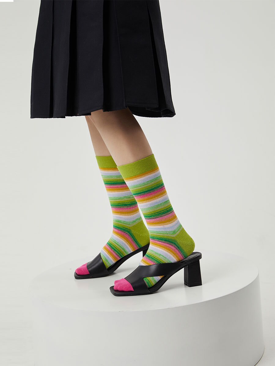 Green Stripe Gradient Knee High Socks / Crew Socks For Women