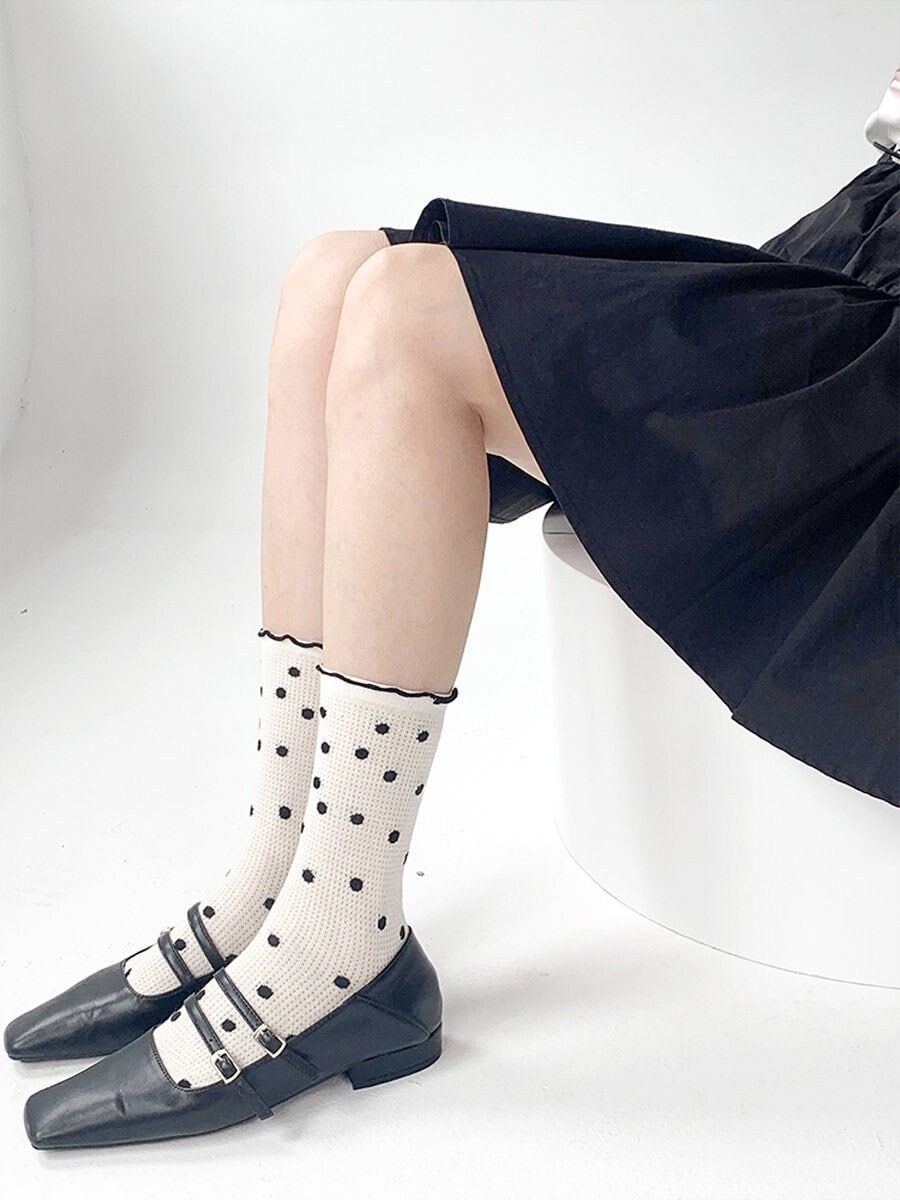 Polka Dot Ruffle Crew Socks For Women