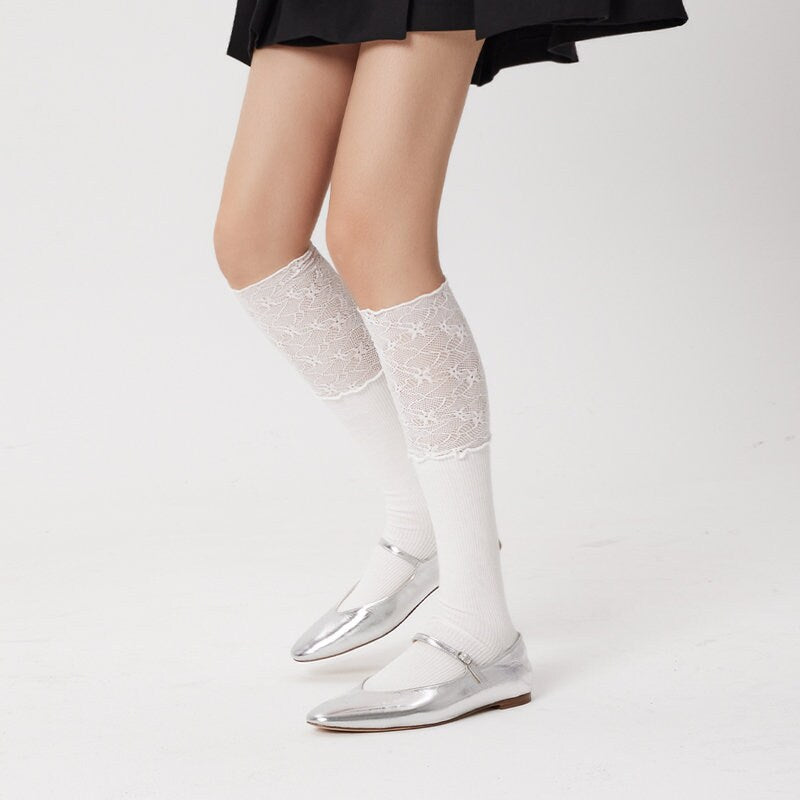 Lace Trim Knee High Socks / Calf Socks For Women