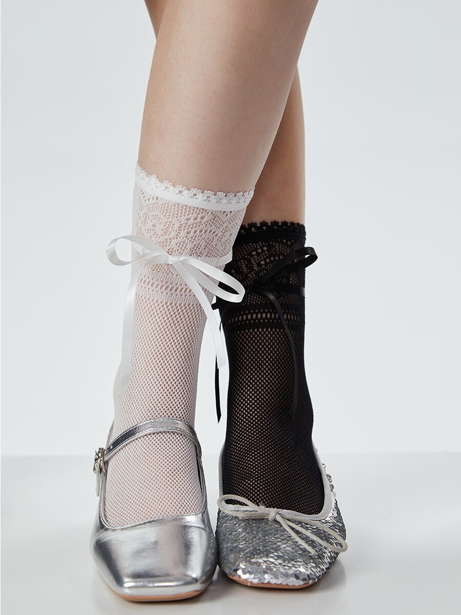 Bow Ribbon Lace Pointelle Crew Socks For Women